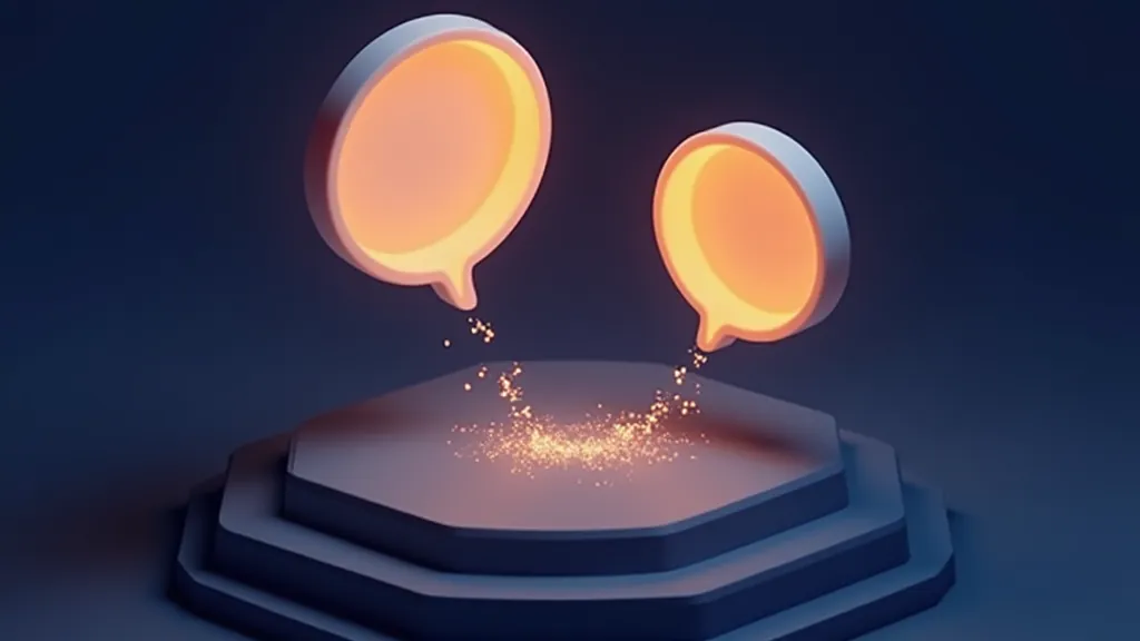 Stage with glowing speech bubbles fed by a stream of data, representing AI roleplay through an API